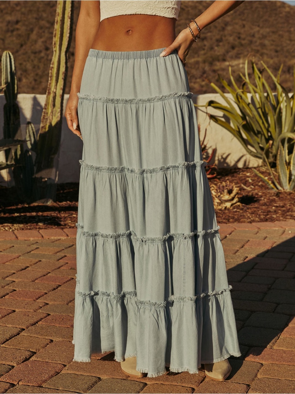 Promesa Tiered Chambray Denim Maxi Skirt in Soft Blue